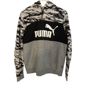 Puma Mens Gray Camo Hoodie With Logo Kangaroo Pocket And Adjustable Drawstring